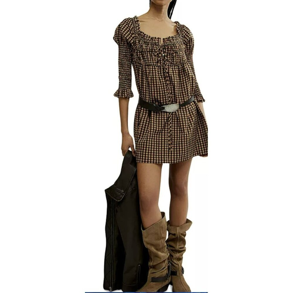 Free People Star Dip Smocked Back Babydoll Mini Dress Small NWT